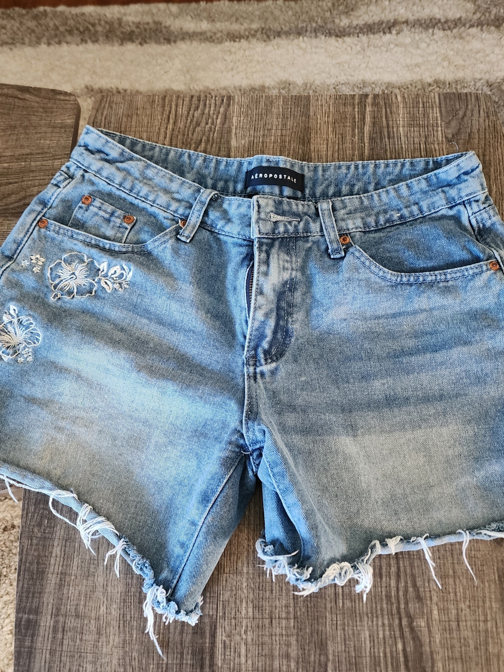 Aeropostale Light Blue Denim Cutoff Shorts with Floral Embroidery